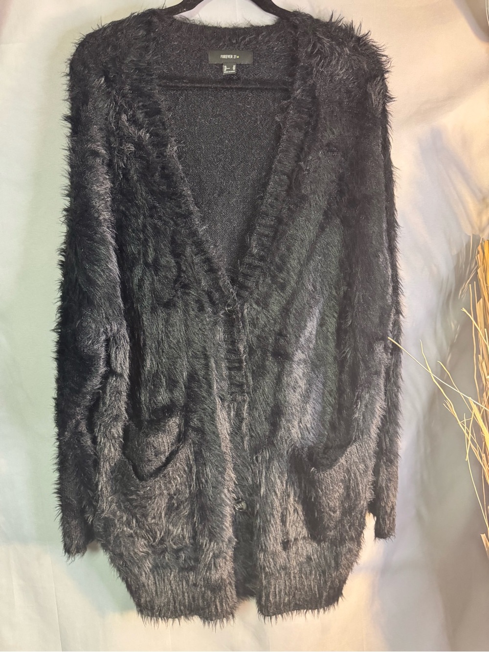 Forever 21 Black Fuzzy Open-Front Cardigan